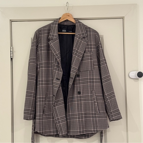 Zara Plaid Double-Breasted Jacket with Removable Belt - Size S, Trench Coat - Picture 2 of 16